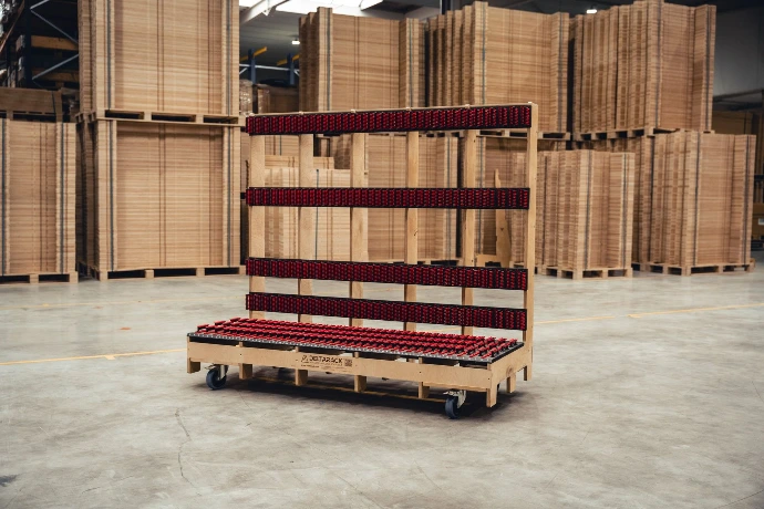 Deltarack transport rack with protective brushes for organized panel storage